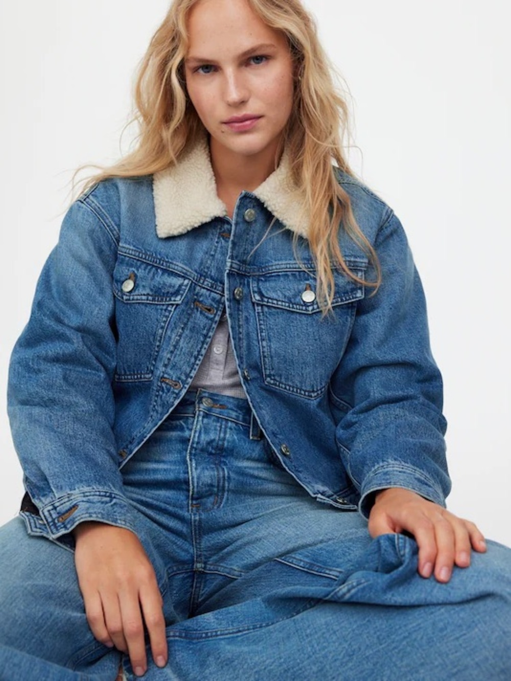 Madewell Blue Denim Jacket with Cream Sherpa Collar